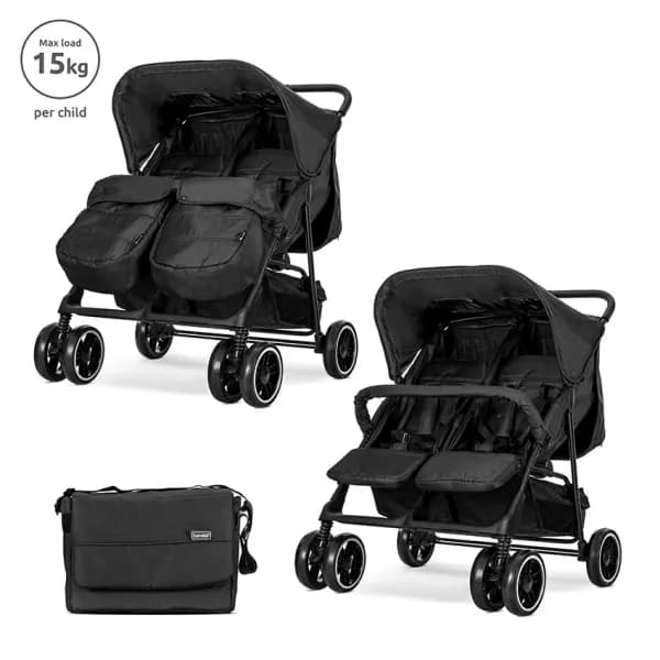 Carucior pentru gemeni, Twin, reglabil individual, pana la 15 kg per copil, geanta pentru mama inclusa, Black