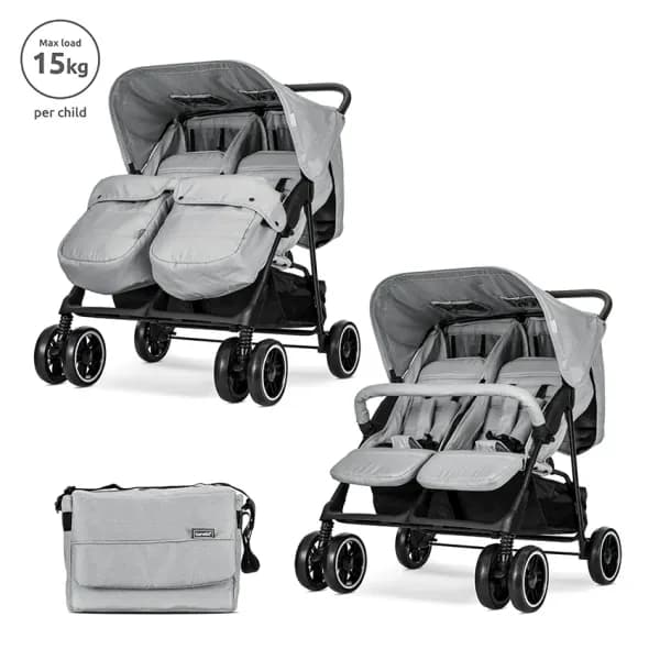 Carucior pentru gemeni, Twin, reglabil individual, pana la 15 kg per copil, geanta pentru mama inclusa, Grey