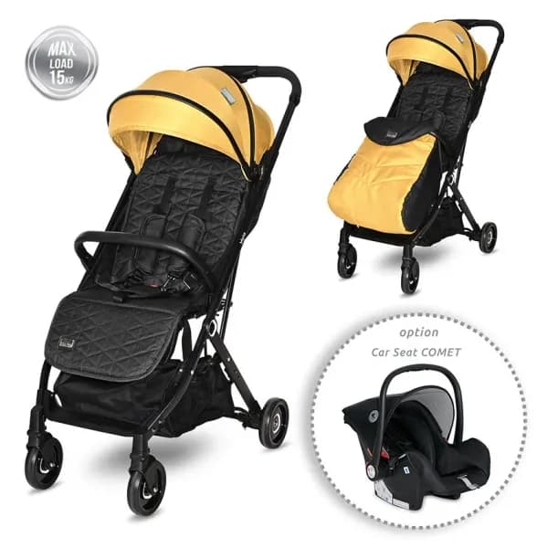 Carucior Myla, de la 0 luni pana la 3 ani, maxim 15 kg, cadru din aluminiu, pliere tip troller, cos auto optional, Galben cu Negru