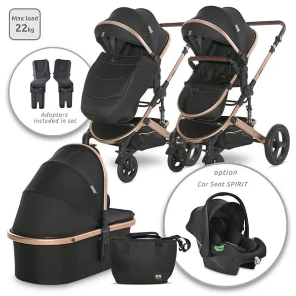Carucior Boston, cu adaptori cos auto, de la 0 luni pana la 4 ani, maxim 22 kg, landou separat, cadru din aluminiu, cos auto optional, Black