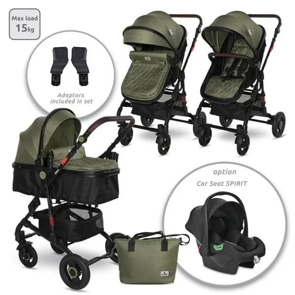 Carucior Alba Premium, landou transformabil, adaptori scoica, de la 0 luni pana la 3 ani, maxim 15 kg, Loden Green