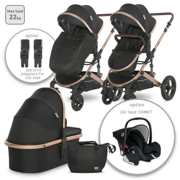 Carucior Boston, de la 0 luni pana la 4 ani, maxim 22 kg, landou separat, cadru din aluminiu, cos auto optional, Black