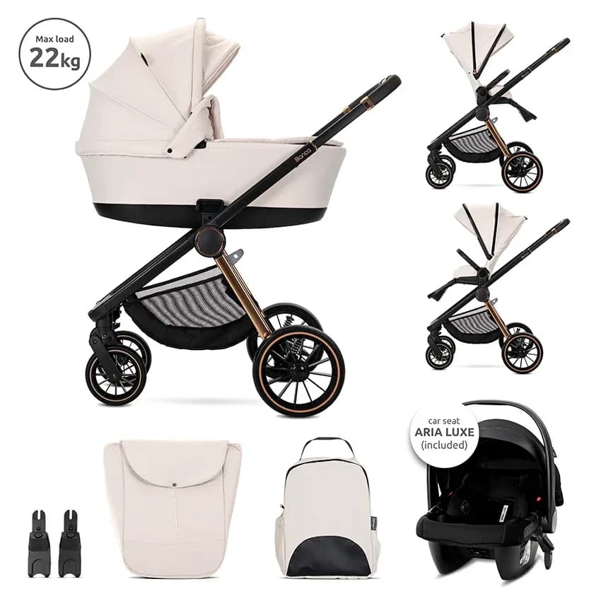 Carucior Set 3 in 1, Bianca, cos landou individual, cosulet auto Aria Luxe inclus, cadru din aluminiu, pana la 22 kg, Beige Latte
