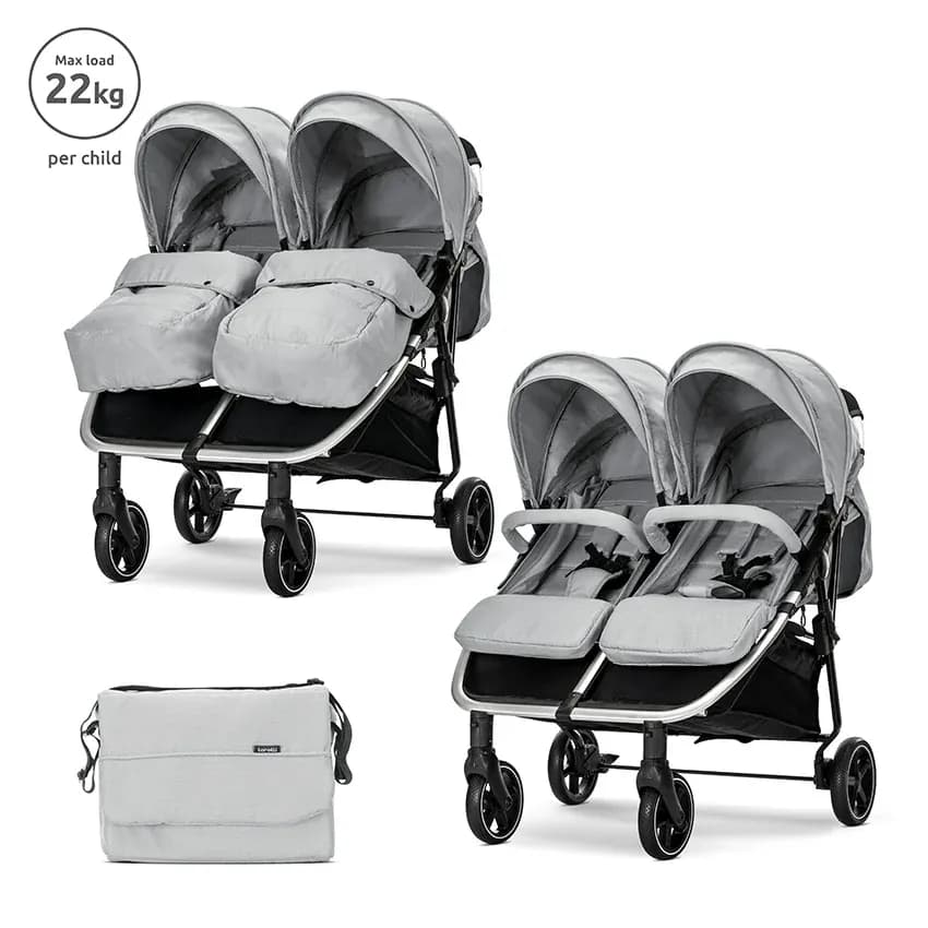 Carucior pentru gemeni, Lorelli, Duo, pana la 22 kg per copil, cadru din aluminiu, spatar reglabil pozitii multiple, geanta pentru mama inclusa, Grey