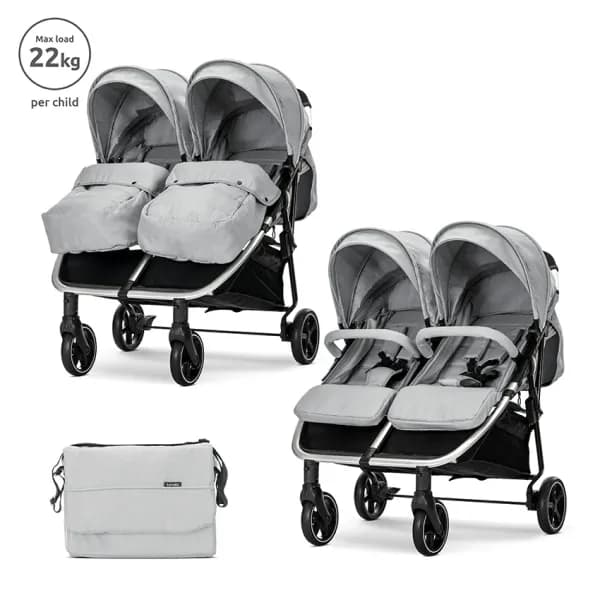 Carucior pentru gemeni, Lorelli, Duo, pana la 22 kg per copil, cadru din aluminiu, spatar reglabil pozitii multiple, geanta pentru mama inclusa, Grey