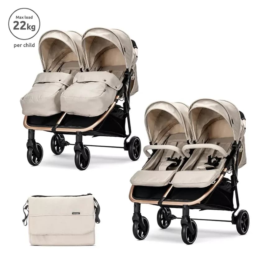 Carucior pentru gemeni, Duo, pana la 22 kg per copil, cadru din aluminiu, spatar reglabil pozitii multiple, geanta pentru mama inclusa, Beige