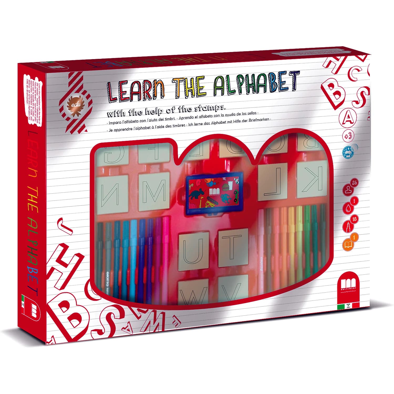 Set educativ cu stampile Alfabet 46 piese, 26 stampile, tus, 18 carioci Multiprint MP1941