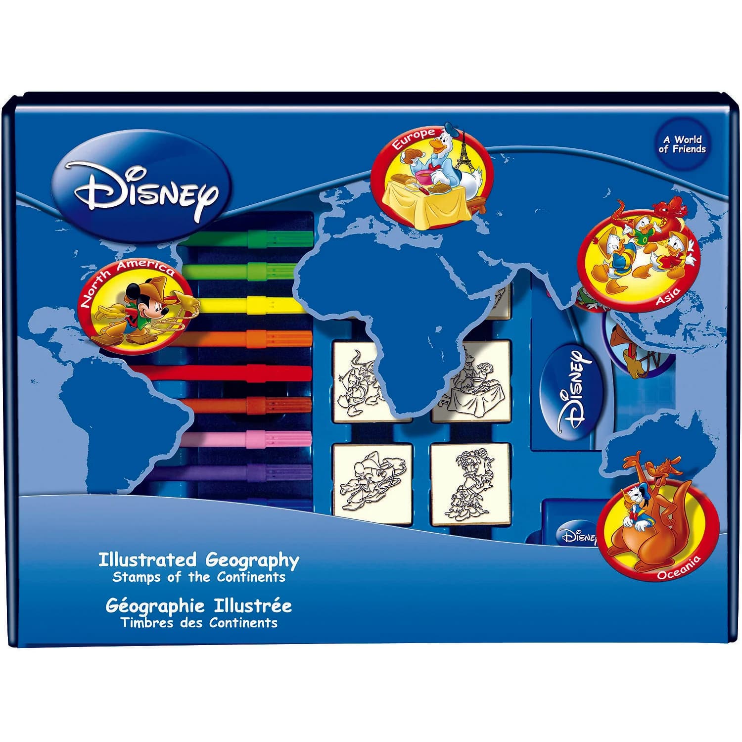 Set educativ cu stampile Geografia Disney 23 piese, 7 stampile, tus, 12 carioci, rigla, harta lumii si caiet cu activitati Multiprint MP1938