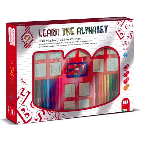 Set educativ cu stampile Alfabet 46 piese, 26 stampile, tus, 18 carioci Multiprint MP1941