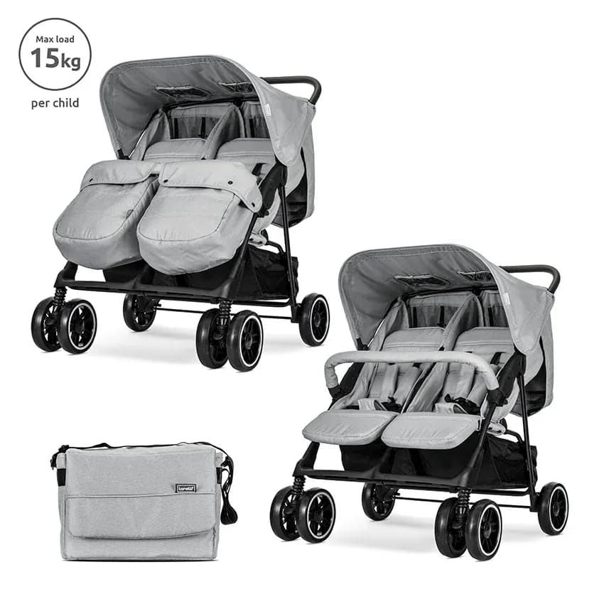 Carucior pentru gemeni, Twin, reglabil individual, pana la 15 kg per copil, geanta pentru mama inclusa, Grey