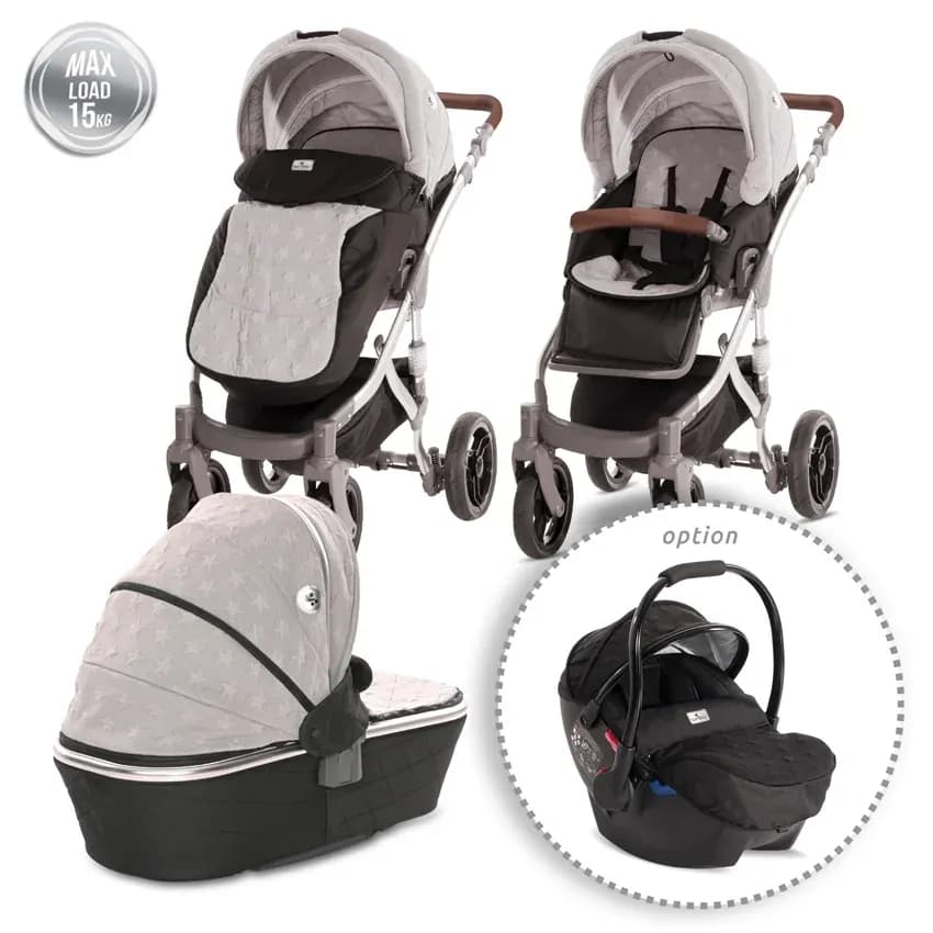 Carucior set Rimini Premium, landou separat, sezut reversibil, cadru din aluminiu, cos auto optionalt, Cool Gri cu Stelute