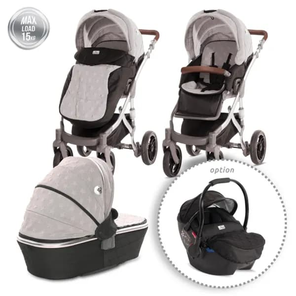Carucior set Rimini Premium, landou separat, sezut reversibil, cadru din aluminiu, cos auto optionalt, Cool Gri cu Stelute