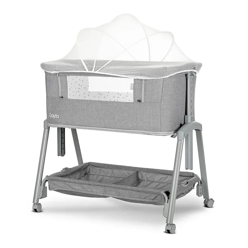 Patut Co Sleeper copii, Layla 2 in 1, cu latura pliabila, reglabil pe inaltime, sistem anti-reflux, Grey