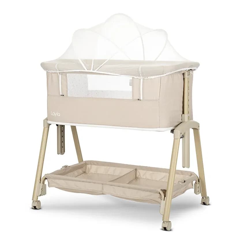 Patut Co Sleeper copii, Layla 2 in 1, cu latura pliabila, reglabil pe inaltime, sistem anti-reflux, Beige