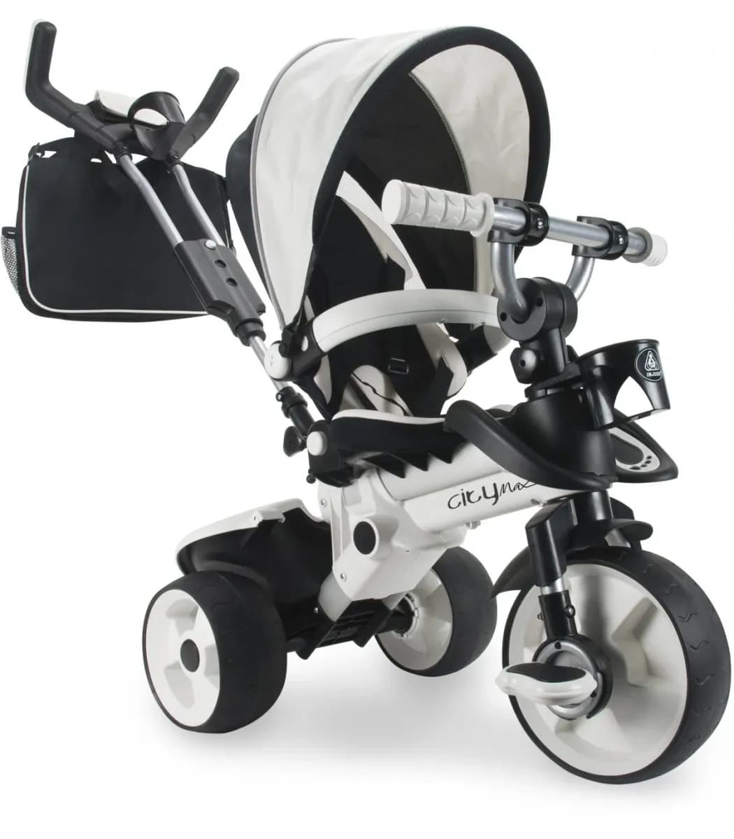 Tricicleta cu pozitie de somn pentru copii, Injusa, City Max, maner parental, cadru din aluminiu, 8 luni+, Alb cu Negru