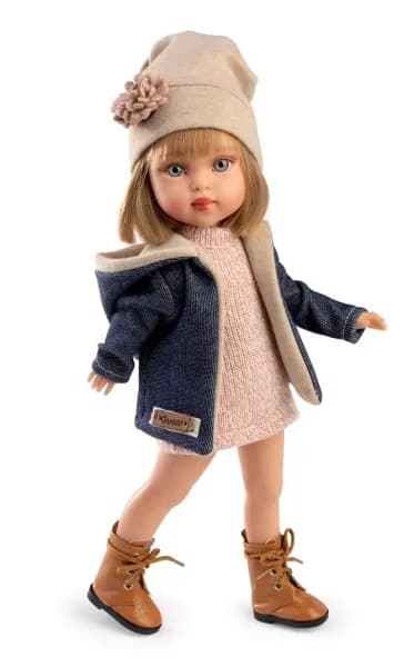 Papusa fashion, Penelope Madrid, 33 cm, par blond drept, corp din vinil, cu outfit complet