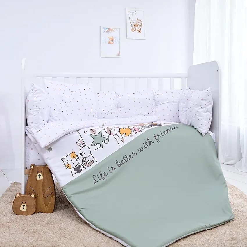 Set lenjerie 7 piese, Lorelli, Lily, bumbac ranforce, pentru paturi 60 x120 cm, Happy Friends Mint