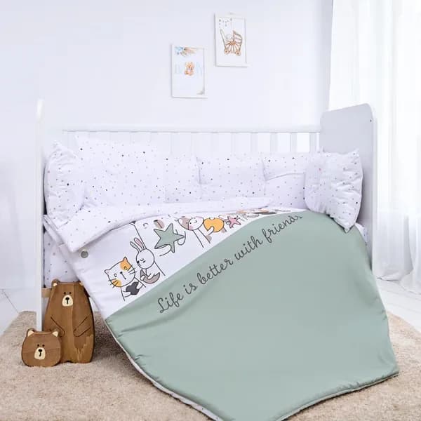 Set lenjerie 7 piese, Lorelli, Lily, bumbac ranforce, pentru paturi 60 x120 cm, Happy Friends Mint