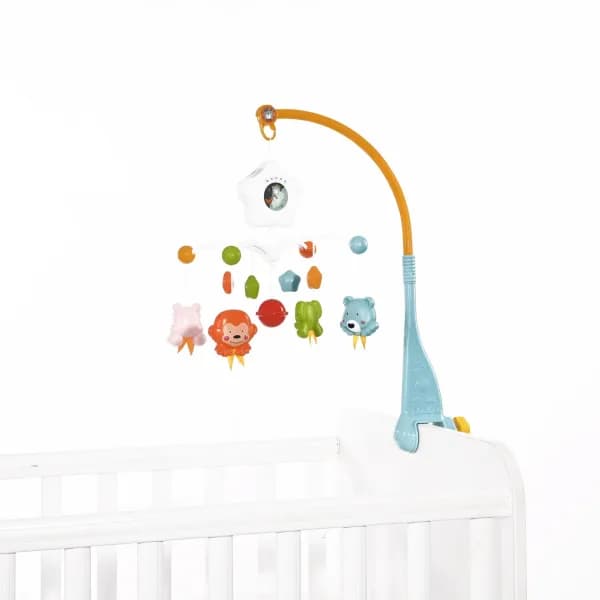 Carusel muzical pentru pat, cu proiector si sunete, Happy Animals Blue