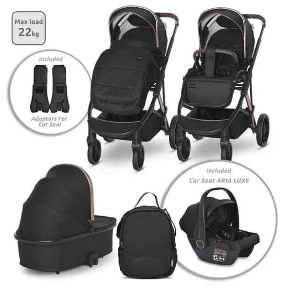 Carucior Set 3 in 1, Aria, cosulet auto Aria Luxe 40-87 cm inclus, multiple accesorii, Black