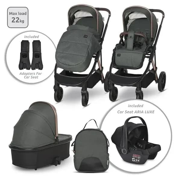 Carucior Set 3 in 1, Aria, cosulet auto Aria Luxe 40-87 cm inclus, multiple accesorii, Green