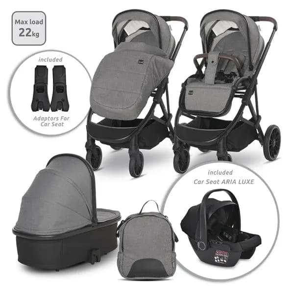 Carucior Set 3 in 1, Aria, cosulet auto Aria Luxe 40-87 cm inclus, multiple accesorii, Grey