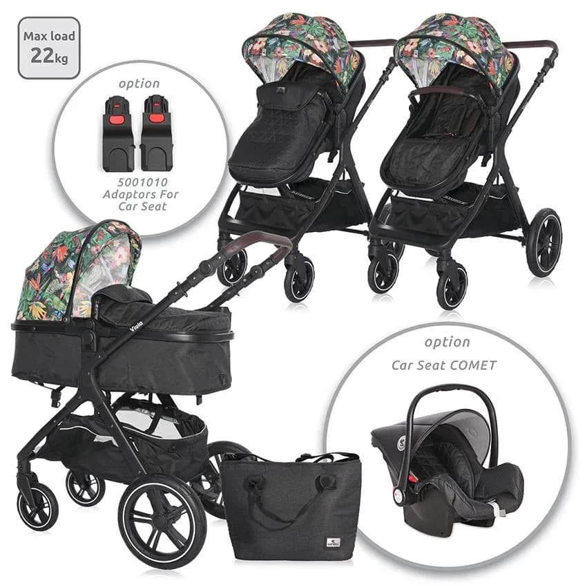 Carucior cu landou transformabil, Viola, de la 0 luni pana la 4 ani, maxim 22 kg, cadru din aluminiu, cos auto optional, Tropical Flowers