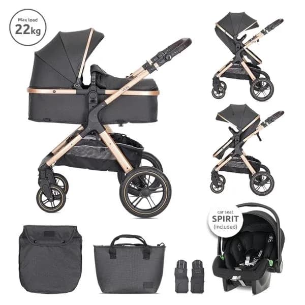 Carucior Set 3 in1, Viola, cos auto Spirit inclus, transformabil, sezut reversibil, pana la 22 kg, Black