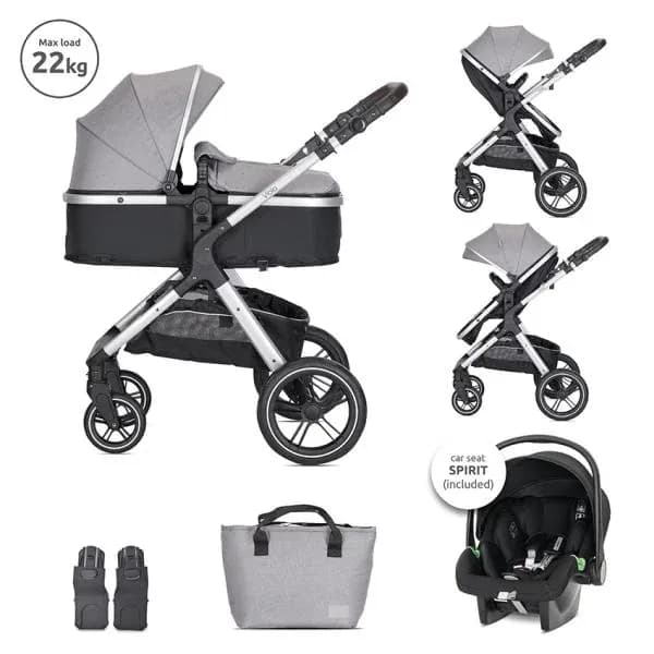 Carucior Set 3 in1, Viola, cos auto Spirit inclus, transformabil, sezut reversibil, pana la 22 kg, Grey