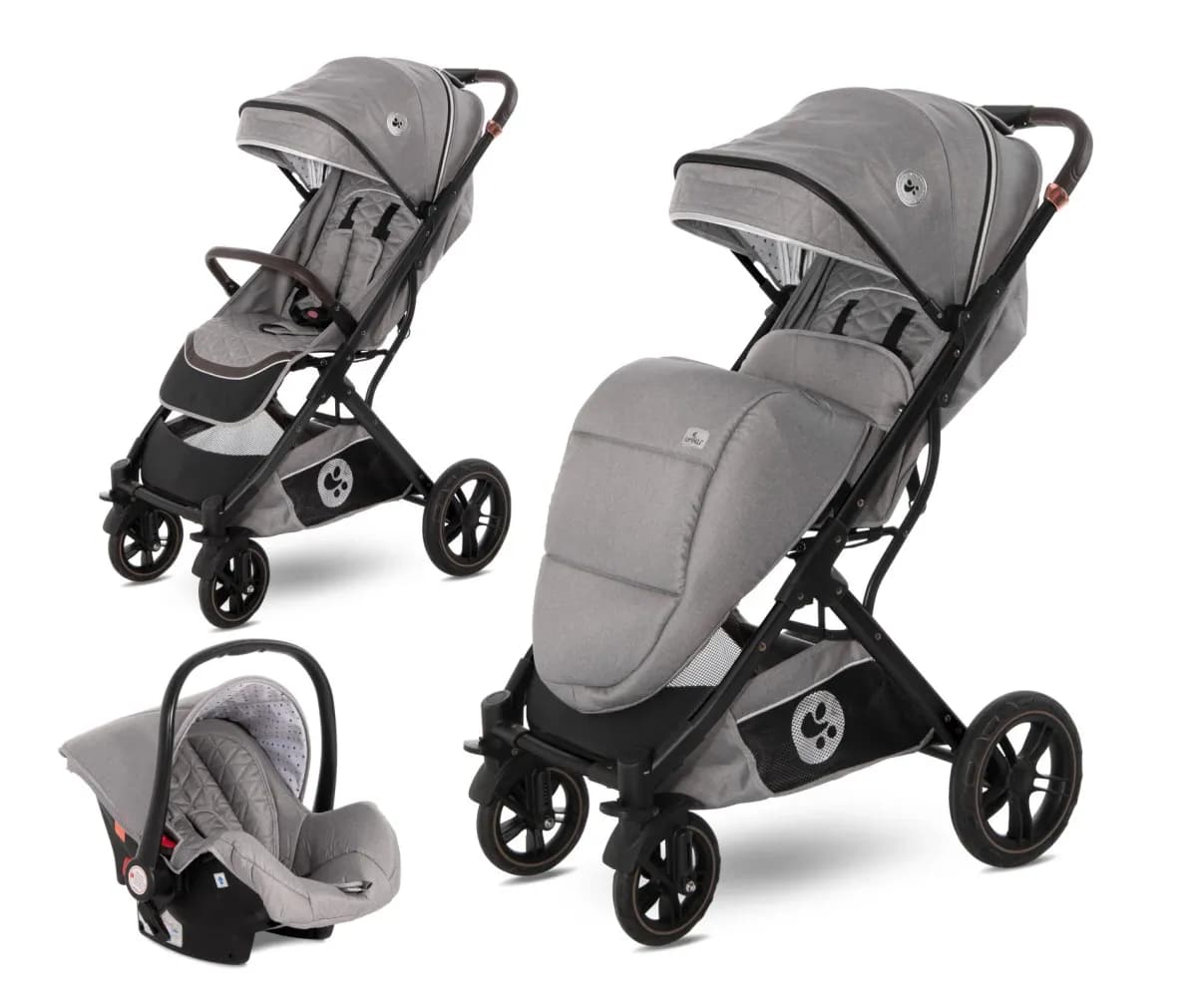 Carucior set, Storm, de la 0 luni pana la 4 ani, maxim 22 kg, cos auto inclus, cadru din aluminiu, Gri Opaline