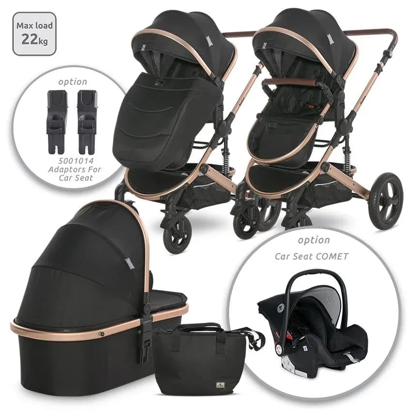 Carucior Boston, de la 0 luni pana la 4 ani, maxim 22 kg, landou separat, cadru din aluminiu, cos auto optional, Black