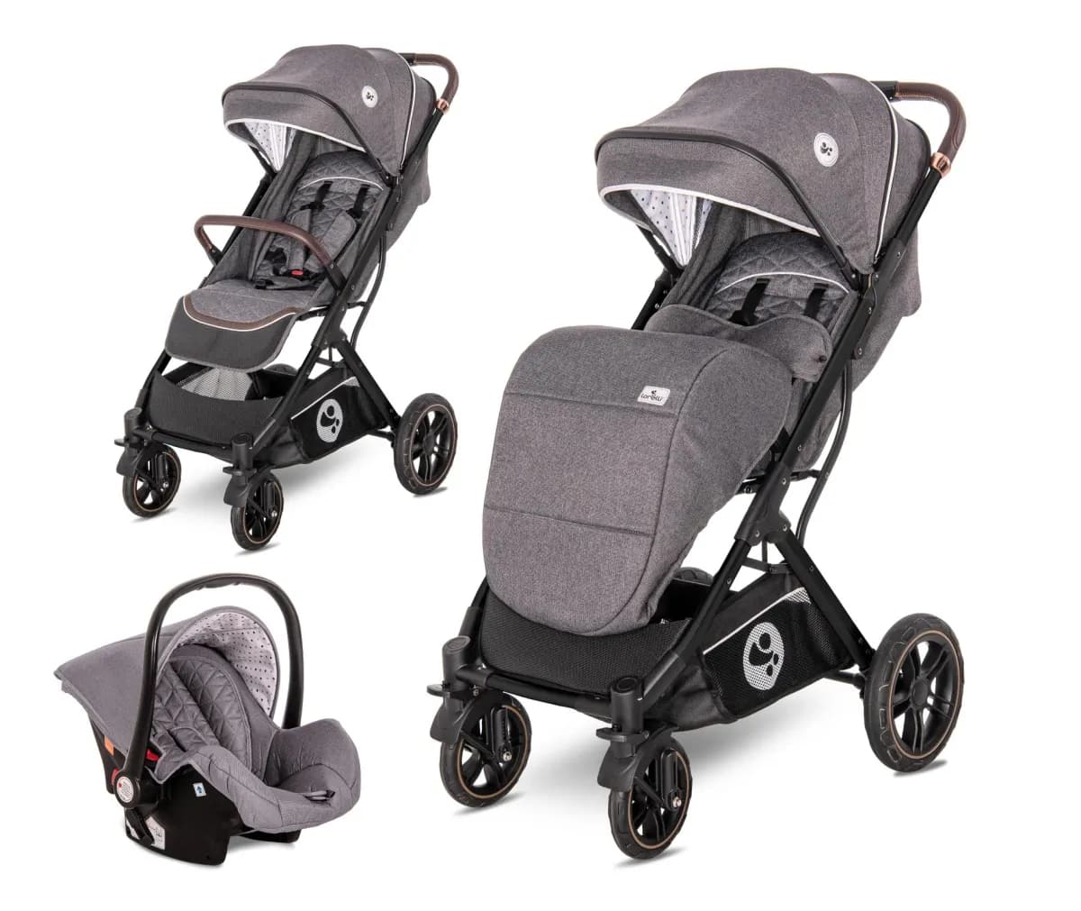 Carucior set, Storm, de la 0 luni pana la 4 ani, maxim 22 kg, cos auto inclus, cadru din aluminiu, Gri Steel