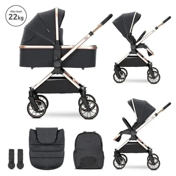Carucior Set 2 in 1, Reya, cos individual cu maner de transport, maner si sezut reversibile, pana la 22 kg, Black