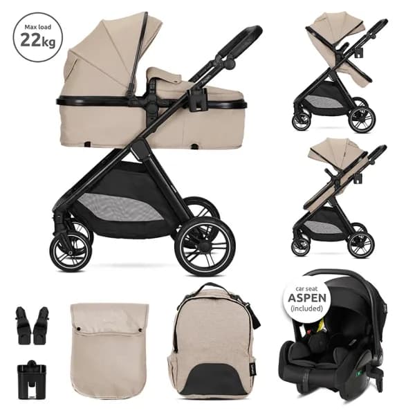 Carucior Set 3 in 1, Aspen, transformabil, sezut reversibil, scoica auto inclusa, 0 luni+, pana la 22 kg, Cappuccino