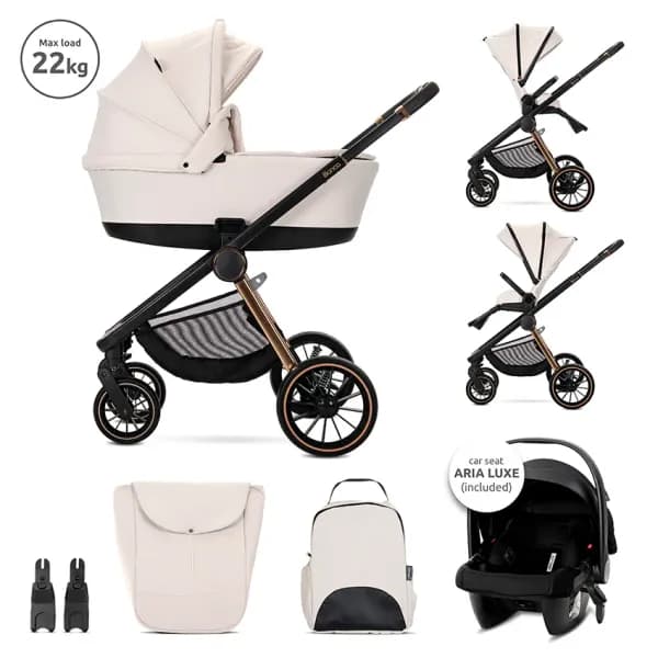 Carucior Set 3 in 1, Bianca, cos landou individual, cosulet auto Aria Luxe inclus, cadru din aluminiu, pana la 22 kg, Beige Latte