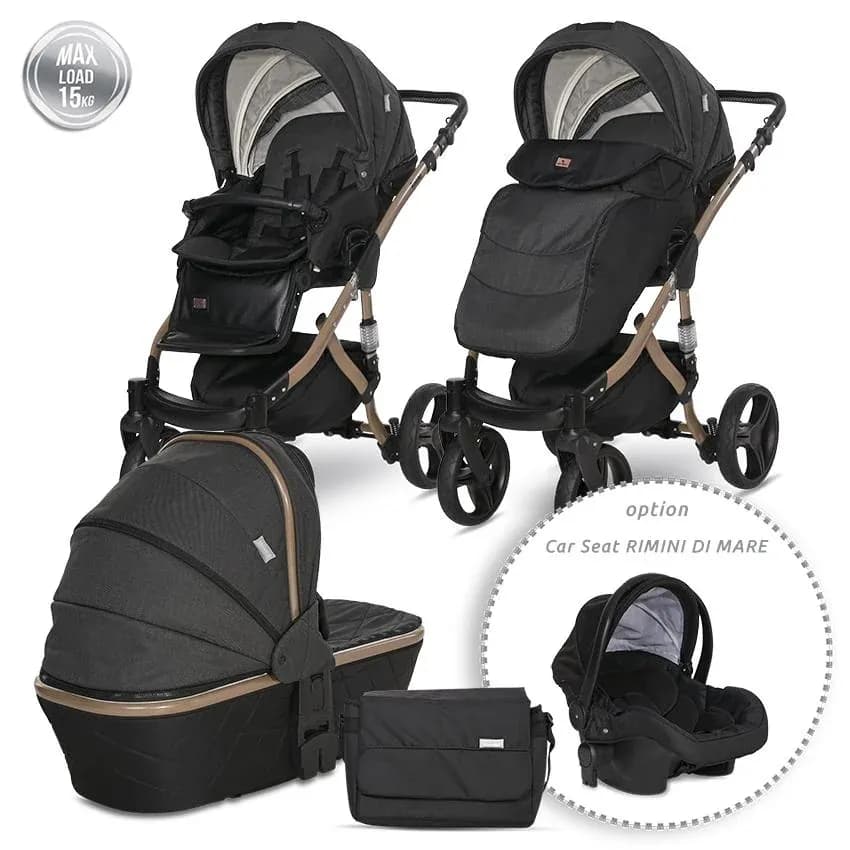 Carucior set Rimini Premium, landou separat, sezut reversibil, cadru din aluminiu, cos auto optional, Negru