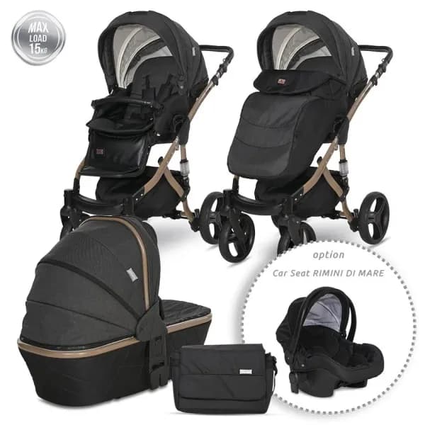Carucior set Rimini Premium, landou separat, sezut reversibil, cadru din aluminiu, cos auto optional, Negru