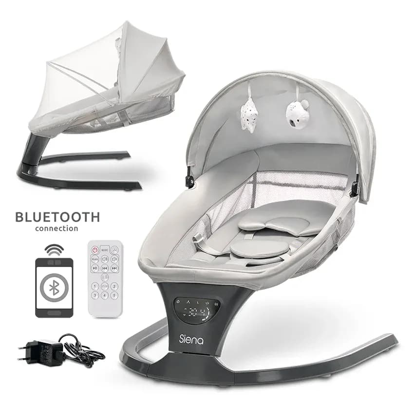 Leagan electric, Siena, potrivit 0-12 luni, 5 viteze de leganare, senzor inteligent de miscare, telecomanda, panou muzical, Light Grey