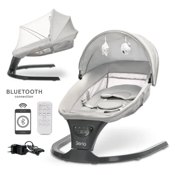 Leagan electric, Siena, potrivit 0-12 luni, 5 viteze de leganare, senzor inteligent de miscare, telecomanda, panou muzical, Light Grey