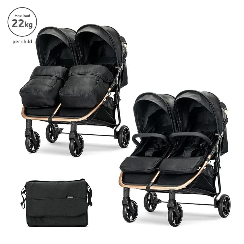 Carucior pentru gemeni, Duo, pana la 22 kg per copil, cadru din aluminiu, spatar reglabil pozitii multiple, geanta pentru mama inclusa, Black