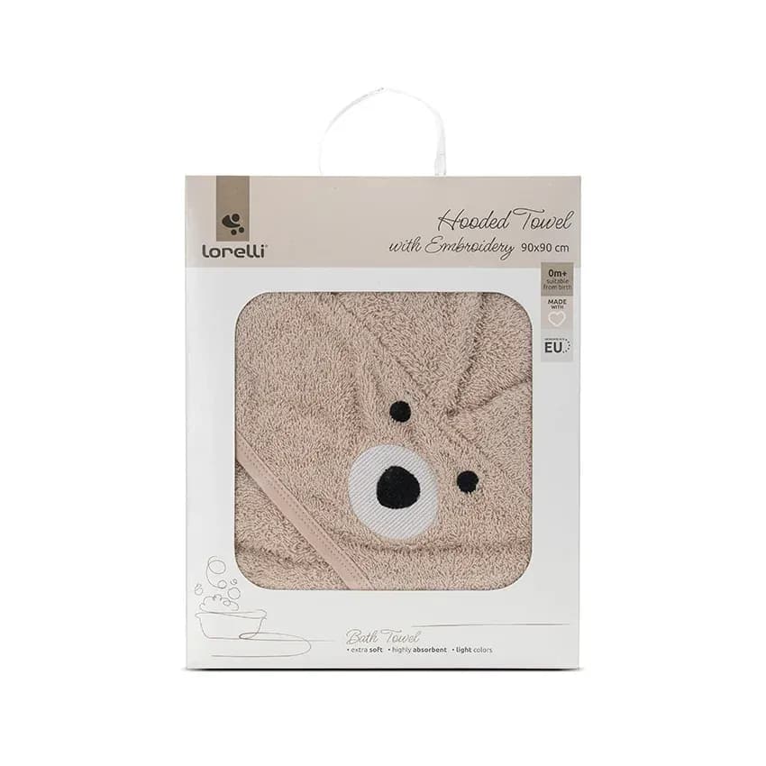 Prosop de baie cu gluga si broderie, 90 x 90 cm, 0 luni+, bumbac, Soft Beige