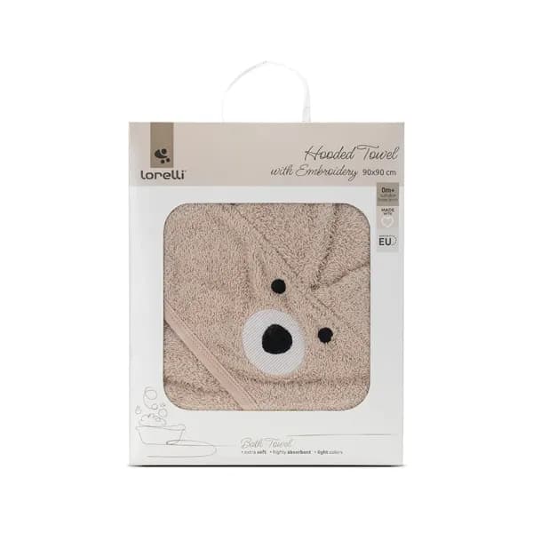 Prosop de baie cu gluga si broderie, 90 x 90 cm, 0 luni+, bumbac, Soft Beige