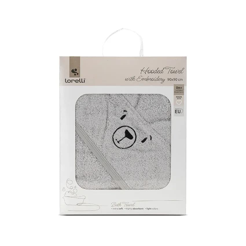 Prosop de baie cu gluga si broderie, 90 x 90 cm, 0 luni+, bumbac, Soft Grey