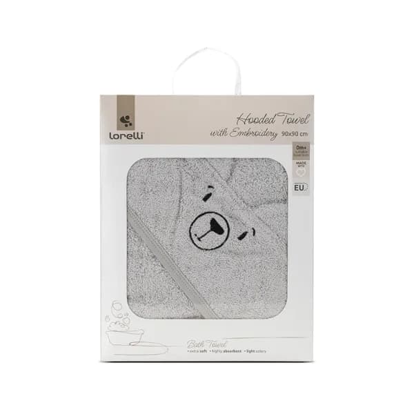 Prosop de baie cu gluga si broderie, 90 x 90 cm, 0 luni+, bumbac, Soft Grey