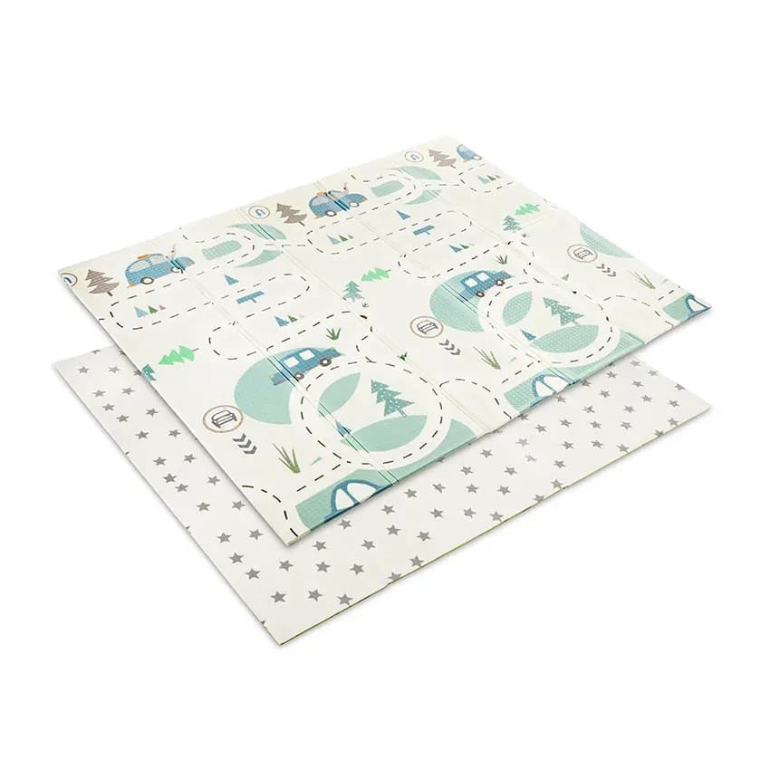 Covoras de joaca termic pentru copii, din spuma XPE, design cu doua fete, pliabil, 180 x 200 cm, Funny City & Stars