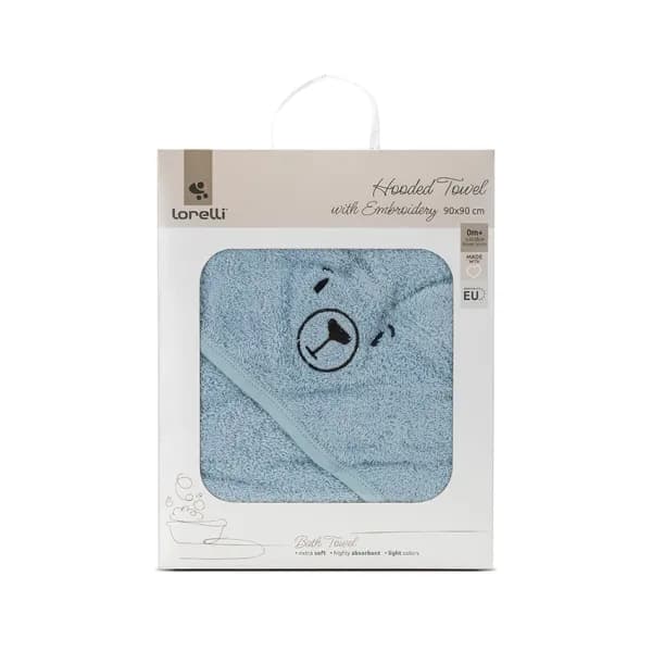 Prosop de baie cu gluga si broderie, 90 x 90 cm, 0 luni+, bumbac, Soft Blue