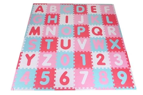 Covoras puzzle colorat, Knorr Toys, 110 piese, 180x180 cm, din spuma moale Eva, izolator si antiderapant, 0 Luni+, Cifre si Litere Pink Rosa