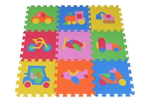 Covoras puzzle colorat, Knorr Toys, 9 piese, 30x30x1 cm, din spuma moale Eva, izolator si antiderapant, 3 Ani+, Trafic