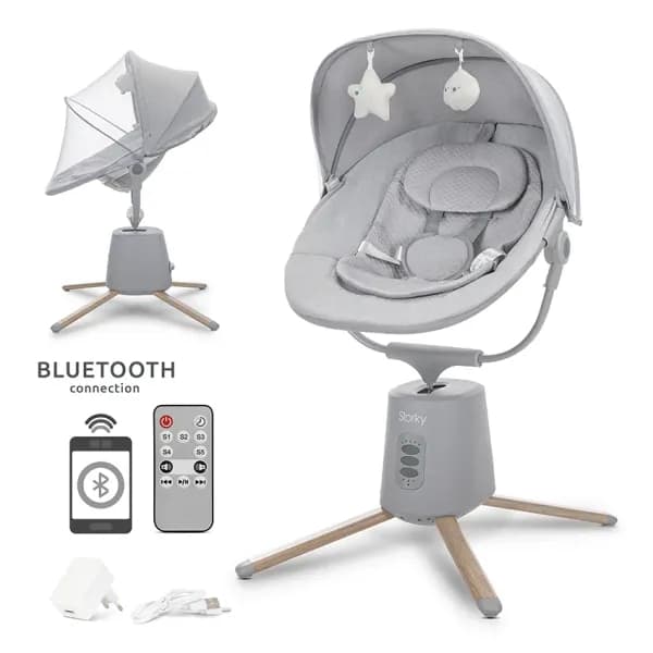 Leagan electric pentru bebelusi, Storky, Bluetooth, telecomanda, 5 viteze de leganare, potrivit 0-6 luni, Grey
