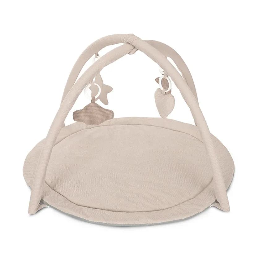Saltea de activitati pentru bebelusi, Moments, jucarii textile cu sunet si zornaitoare, 83x83 cm, 0 luni+, Beige